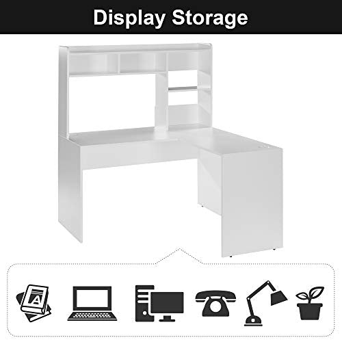 Sunon L-Shaped Computer Desk Corner Desk Home Office Office Study Workstation with Bookshelf (White)