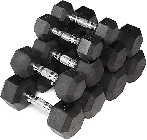 WF Athletic Supply 5-25Lb Rubber Coated Hex Dumbbell Set with A Frame Storage Rack Non-Slip Hex Shape for Muscle Toning, Strength Building & Weight Loss - Multiple Choices Available