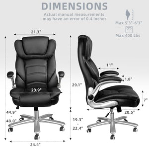 Sucrever Black Executive Office Chair with Flip-up Arms, Big and Tall 400lbs Capacity, High Back Leather, Lumbar Support, Adjustable Heavy Duty Computer Desk Chair