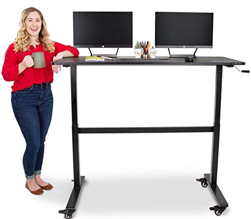 Stand Steady Tranzendesk | 55 Inch Standing Desk with Attachable Wheels| Easy Crank Height Adjustable Sit to Stand Workstation | Modern Ergonomic Desk Supports 3 Monitors (55 / Black)