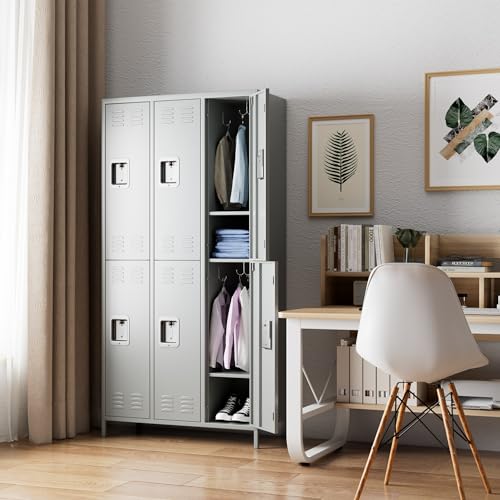 SUXXAN 6 Doors Metal Locker Combination with 12 Hooks, Double Tier Storage Locker W35.43*D15.7*H72 (Light Grey)