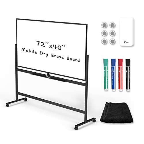 TOWON Rolling Whiteboard, 360° Rotatable Large Dry Erase Board with Stand, Double Sided Magnetic White Board on Wheels, Mobile Easel boards with Quick Flip Feature and Board Stopper, 72'' x 40'' Black