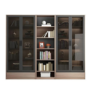 KWOKING Modern Wooden Bookcase with Glass Doors - Closed Storage Bookshelf 79" Natural