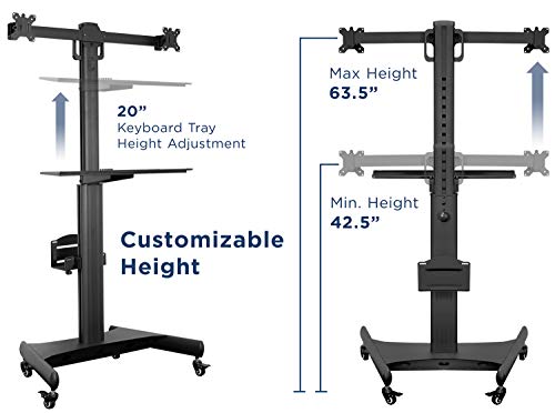 Mount-It! Adjustable Mobile PC Workstation for Dual Monitors | Mobile Standing Computer Cart with Adjustable Keyboard Tray and CPU Holder | Rolling Computer Desk Fits Monitors 13 to 32 Inches