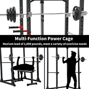 Multi-Functional Power Cage with LAT Pulldown,12 Height Adjustable Commercial Squat Rack 1000lb Capacity Home Gym Strength Training Equipment (86.61”H x 43.31”Wx 55.12”L)