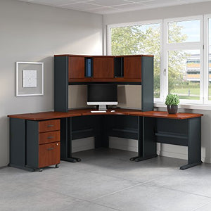 Bush Business Furniture Series A 84W x 84D Corner Desk with Hutch and Mobile File Cabinet in Hansen Cherry and Galaxy