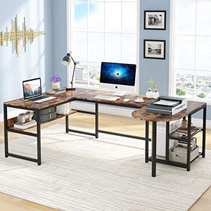 TIYASE U Shaped Desk with Storage Shelves, Large L-Shaped Desk Corner Computer Office Desk with Printer Stand and Bookshelf, Rustic Executive Office Desk Workstation, 78.7 x 47.2 inches