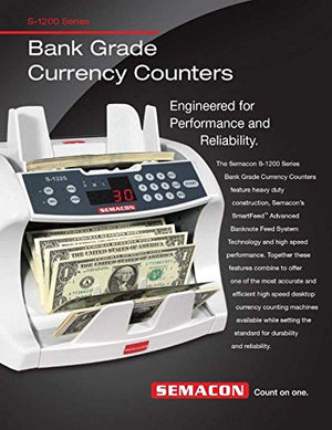 Semacon S-1215 Series 1200 Bank Grade Currency Counters with UV Detection and SmartFeed Advanced Banknote Feed System Technology, Speed Up to 1600 Notes Per Minute