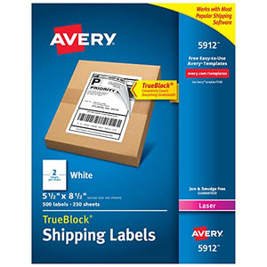 Avery Shipping Address Labels, Laser Printers, 500 Labels, Half Sheet Labels,Permanent Adhesive,2 Packs (5912)