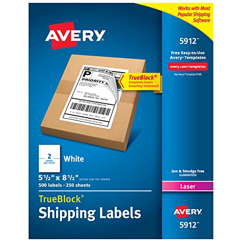 Avery Shipping Address Labels, Laser Printers, 500 Labels, Half Sheet Labels,Permanent Adhesive,2 Packs (5912)