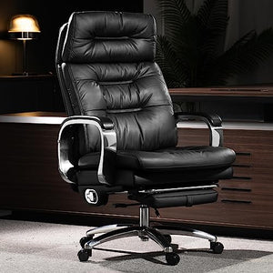 Kinnls Vane Massage Office Chair with Footrest - Executive Genuine Leather Desk Task Chair - 500lbs (Black)