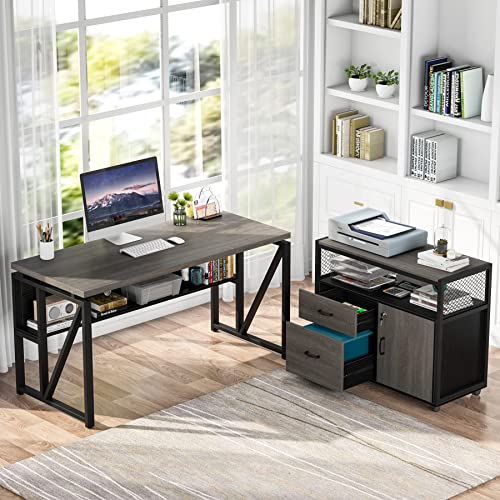 Tribesigns L Shaped Desk with Drawer Cabinet and File Cabinet, 55" Executive Computer Desk, Home Office Furniture (Gray, 55 inches)