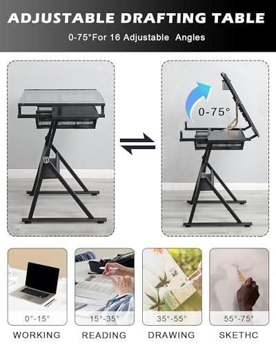 LifeSky Drafting Table Adjustable Art Desk with Glass Top and Stool - Black