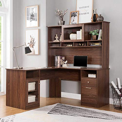 Home Office L-Shaped Desk with Hutch and Glass Doors, Writing Workstation with Storage Shelves and File Cabinet for Home Office | Bookshelf Dual Positioning Options (Brown)