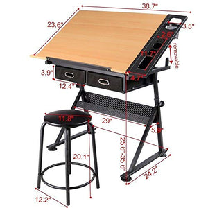 BJYX Height Adjustable Drafting Table Tiltable Tabletop Drawing Table Desk with Stool