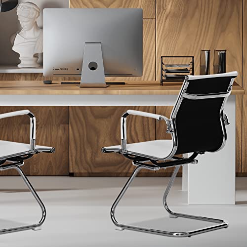 MoNiBloom PU Leather Office Guest Chair, Mid Back, Sled Base, Armrest, White, 2 Piece
