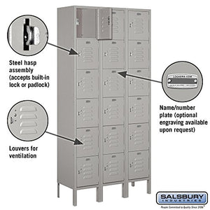 Salsbury Industries Assembled 6-Tier Box Style Standard Metal Locker with Three Wide Storage Units, 6-Feet High by 12-Inch Deep, Gray
