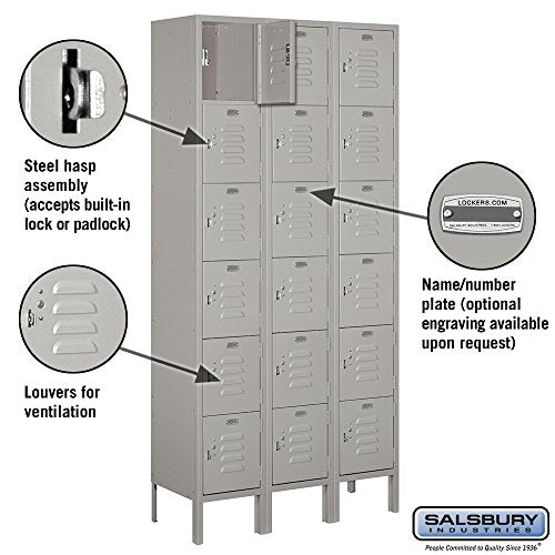 Salsbury Industries 66362GY-U Six Tier Box Style 36-Inch Wide 6-Feet High 12-Inch Deep Unassembled Standard Metal Locker, Gray