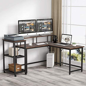 Tribesigns L-Shaped Computer Desk with Storage Shelves, Modern Large Corner Computer Desk Study Writing Workstation with Monitor Riser & 3-Tier Corner Shelf for Home Office Use (Rustic Brown)