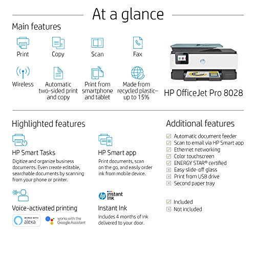 HP OfficeJet Pro 8028 All-in-One Instant Ink Ready Inkjet Printer - 4-in-1 Print, Scan, Copy, Fax Business Office Bundle - WiFi and Cloud-Based Wireless Printing - Blue - BROAGE 6 Feet Printer Cable