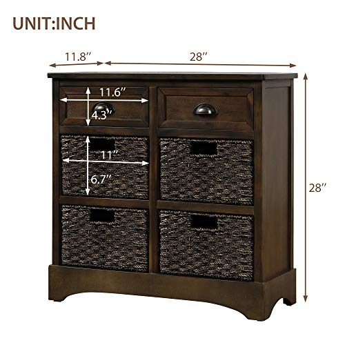 TREXM Rustic Storage Cabinet with Two Drawers and Four Classic Fabric Basket for Kitchen/Dining Room/Entryway/Living Room, Accent Furniture (Dark Brown)