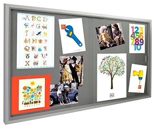 5' x 3' Indoor Bulletin Board with Sliding Glass Doors, 60 x 36 Enclosed Notice Board with Gray Fabric Interior, Aluminum