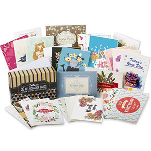 Cortesia All Occasion Premium Greeting Cards Assortment - 30 UNIQUE DESIGNS, Box set incl. Envelopes, Birthday Cards, Thank You Notes, Thinking of You, Get Well, Congratulations, Anniversary, Sympathy