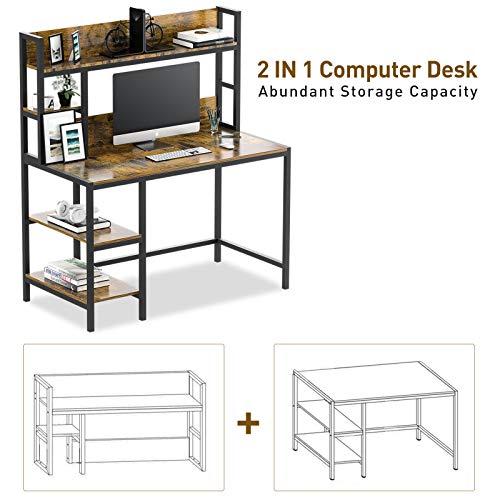 Bizzoelife Computer Writing Desk with Hutch and Bookshelf, Home Office Study Table & 2 Tier Storage Shelves Combo, 47inches Sturdy Wooden Vanity Desk for Kids and Student, Easy Assembly, Retro Brown