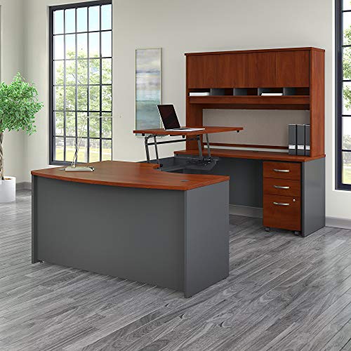 Bush Business Furniture Series C 60W x 43D Right Hand 3 Position Sit to Stand U Shaped Desk with Hutch and Mobile File Cabinet in Hansen Cherry/Graphite Gray