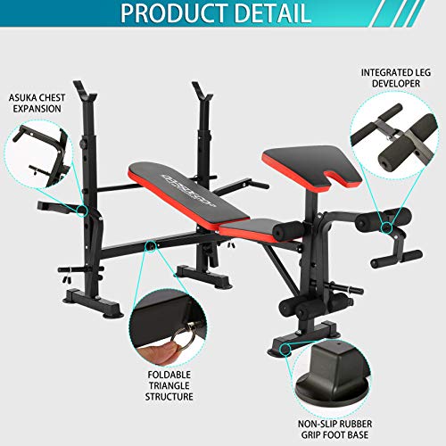 Hicient Olympic Weight Bench with Preacher Curl & Leg Developer for Weight Lifting and Strength Training, 6 Levels Adjustable Professional Weight Bench Set for Indoor Exercise (Red)