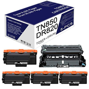 5-Pack Black (1Drum+4Toner) Compatible DR-820 Drum Unit and TN-850 Toner Cartridge Replacement for Brother DCP-L5500DN DCP-L5600DN MFC-L6700DW HL-L5000D HL-L6300DW HL-L5100DN Printer Cartridge Ink.