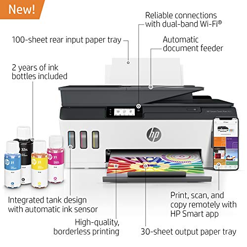 HP Smart -Tank Plus 651 Wireless All-in-One Ink -Tank Printer | up to 2 Years of Ink in Bottles | Auto Document Feeder | Mobile Print, Scan, Copy (7XV38A)