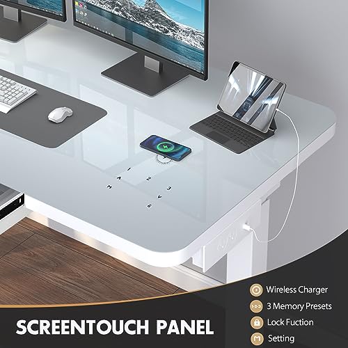 ADOFFUR Dual Motor Glass Standing Desk with Drawers, White Electric Stand Up Desk