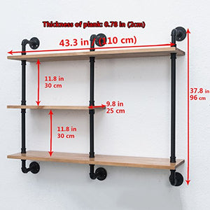 Industrial Pipe Shelf with Wood 43.3in,Rustic Wall Mount Shelf 3-Tiers,Metal Hung Bracket Bookshelf,Diy Storage Shelving Floating Shelves