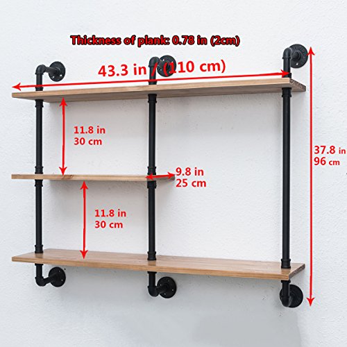 Industrial Pipe Shelf with Wood 43.3in,Rustic Wall Mount Shelf 3-Tiers,Metal Hung Bracket Bookshelf,Diy Storage Shelving Floating Shelves