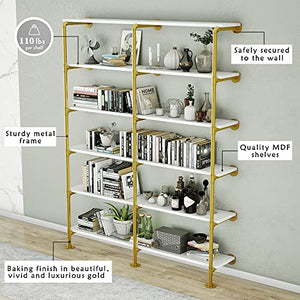 MAIKAILUN 6-Tier 60" Industrial Pipe Shelving, Gold Bookshelf - White/Gold Shelves - Modern Bookcase Metal - Mid Century - Wall Mount Decor - Living Room Retail Shelving (59.1x9.8x84.6)