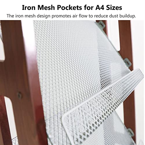 JacCos Wooden Magazine Rack Floor Display Stand with 4 Iron Mesh Pockets and Wheels