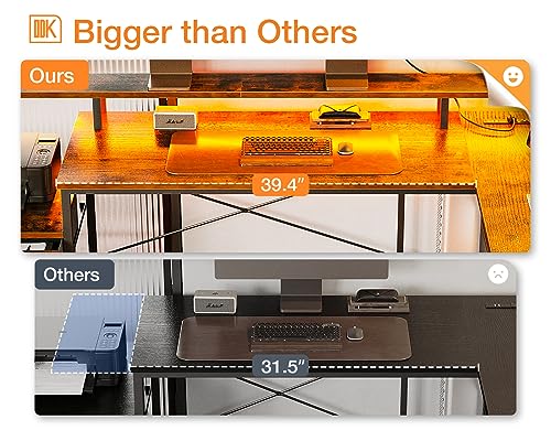 ODK L Shaped Desk with File Drawer, Power Outlet, LED Strip, & Storage Shelves
