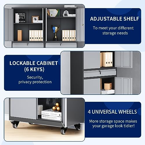Yizosh Metal Garage Storage Cabinet with Locking Doors, Adjustable Shelves, and Drawer - 73" Steel Rolling Tool Cabinet