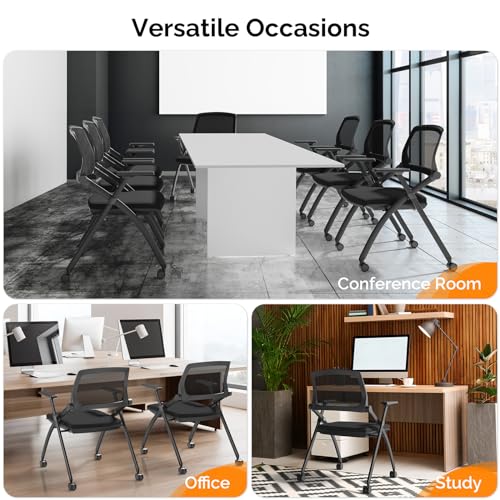 VINGLI 10 Pack Stackable Conference Room Chairs with Wheels, Folding Office Chair - Black, 350lbs Capacity