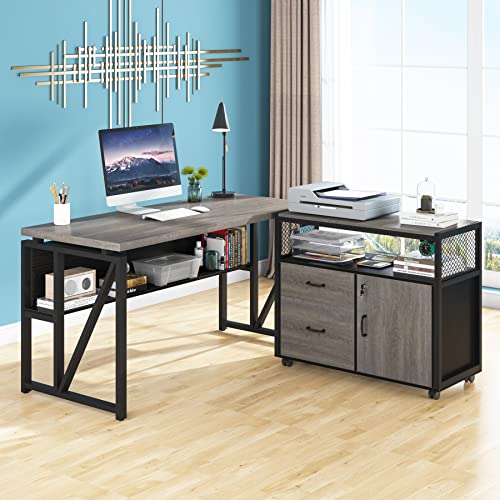 Tribesigns L Shaped Desk with Drawer Cabinet and File Cabinet, 55" Executive Computer Desk, Home Office Furniture (Gray, 55 inches)