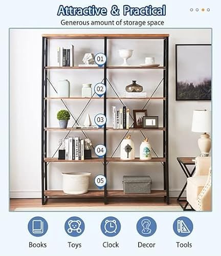 O&K FURNITURE Industrial Double Wide 6-Shelf Bookcase, 76" H - Vintage Brown