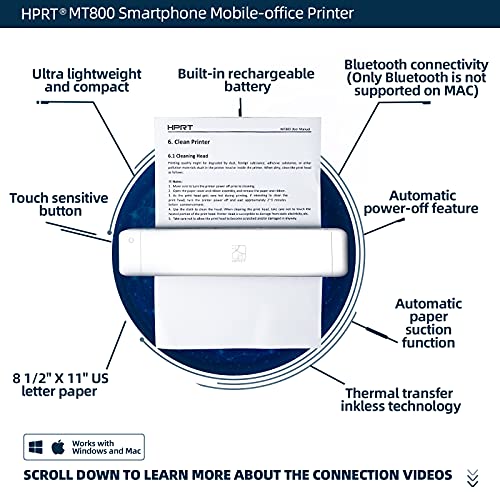 HPRT MT800 Wireless Bluetooth Monochrome Portable Printer, Case+Cartridge+Printer，Supports 8.5" X 11" US Letter,Compatible with Android and iOS Phone, No-Ink Technology.(MT800QC)