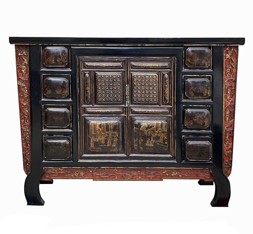 orientliving Chinese Brown Bold Graphic Credenza Table Cabinet Acs7758