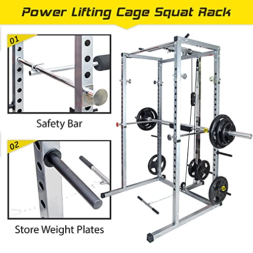 V-ambm Multi-Function Strength Training Power Cages Home Gym Equipment Exercise Stand Olympic Squat Cage with LAT Pull-Down and Low Row for Weight Training
