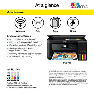 Epson Expression ET-2750 EcoTank Wireless Color All-in-One Supertank Printer with Scanner and Copier (Renewed)