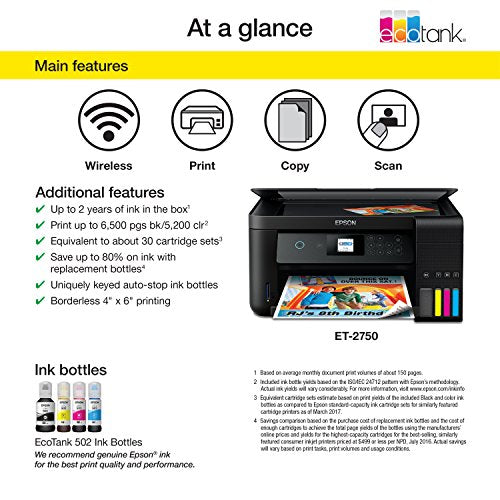 Epson Expression ET-2750 EcoTank Wireless Color All-in-One Supertank Printer with Scanner and Copier