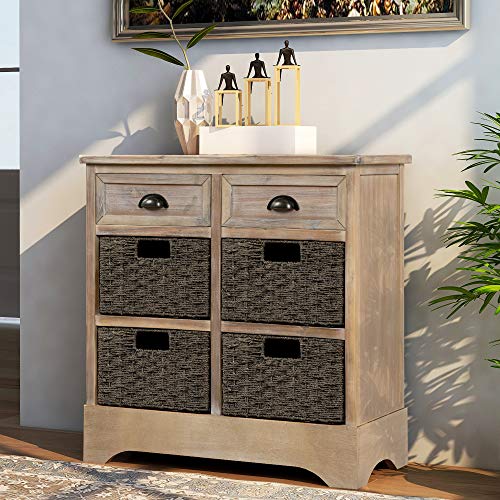 TREXM Rustic Storage Cabinet with Two Drawers and Four Classic Fabric Basket for Kitchen/Dining Room/Entryway/Living Room, Accent Furniture (White Washed)