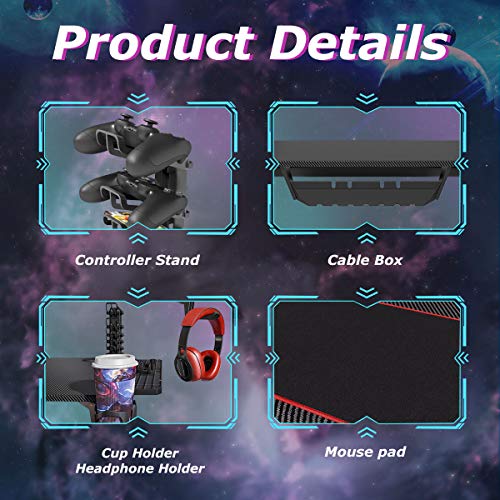 43 Inches Carbon Fiber PC Gaming Table Gaming Desk for Home Office with Cup Holder and Headphone Hook (Jet Black)