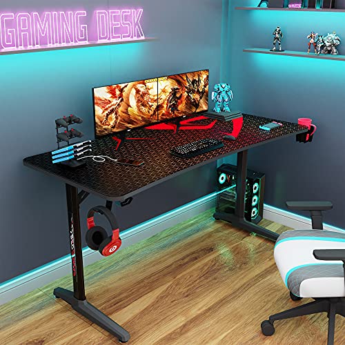 DESIGNA 60 inch Gaming Desk, Computer Desk with Mouse Pad, T-Shaped Professional Writing Table Workstation with USB Handle Rack & Cup Holder& Headphone Hook, Carbon Fiber Black